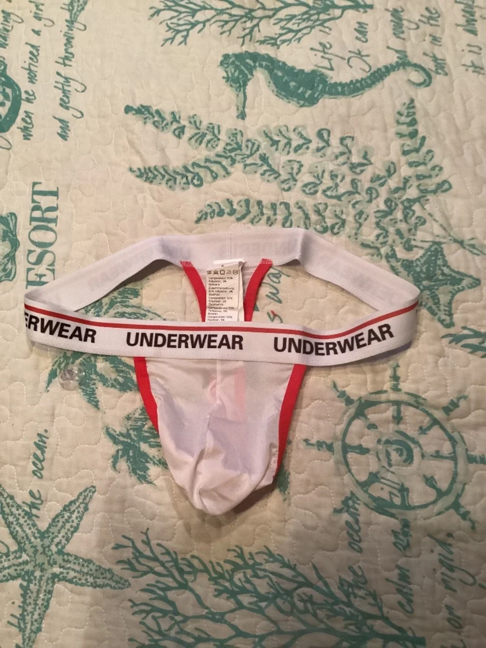 Thong, white with red edging, large